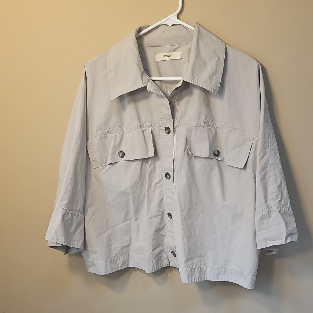 Urban By Alembika Women's Gray Button-Up 100% Cotton Button Up W/ Pockets